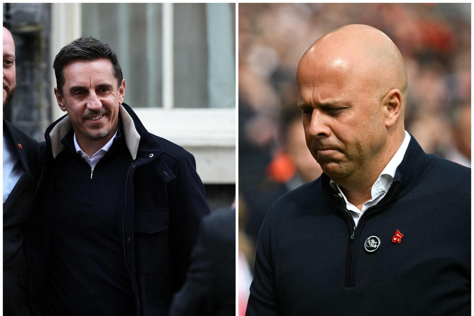 Gary Neville, t.v., og Arne Slot stjóri karlaliðs Liverpool.