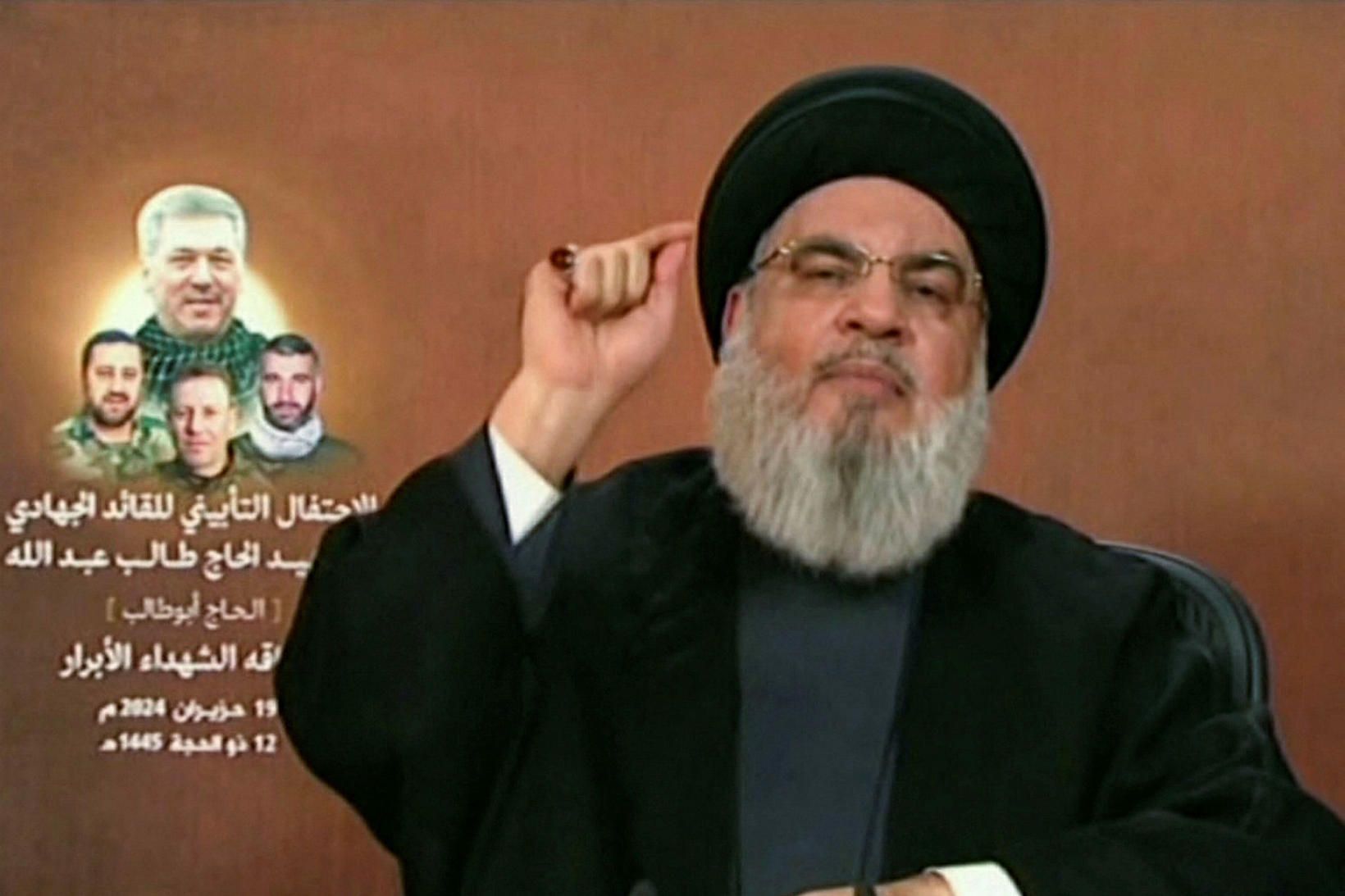 Hassan Nasrallah í sjónvarpsávarpi sínu í dag.