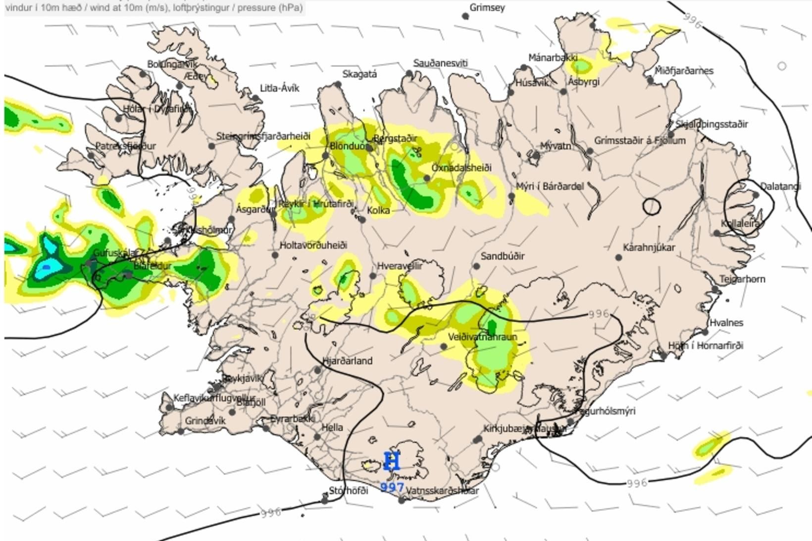 Úrkomuspá klukkan 12 á hádegi.