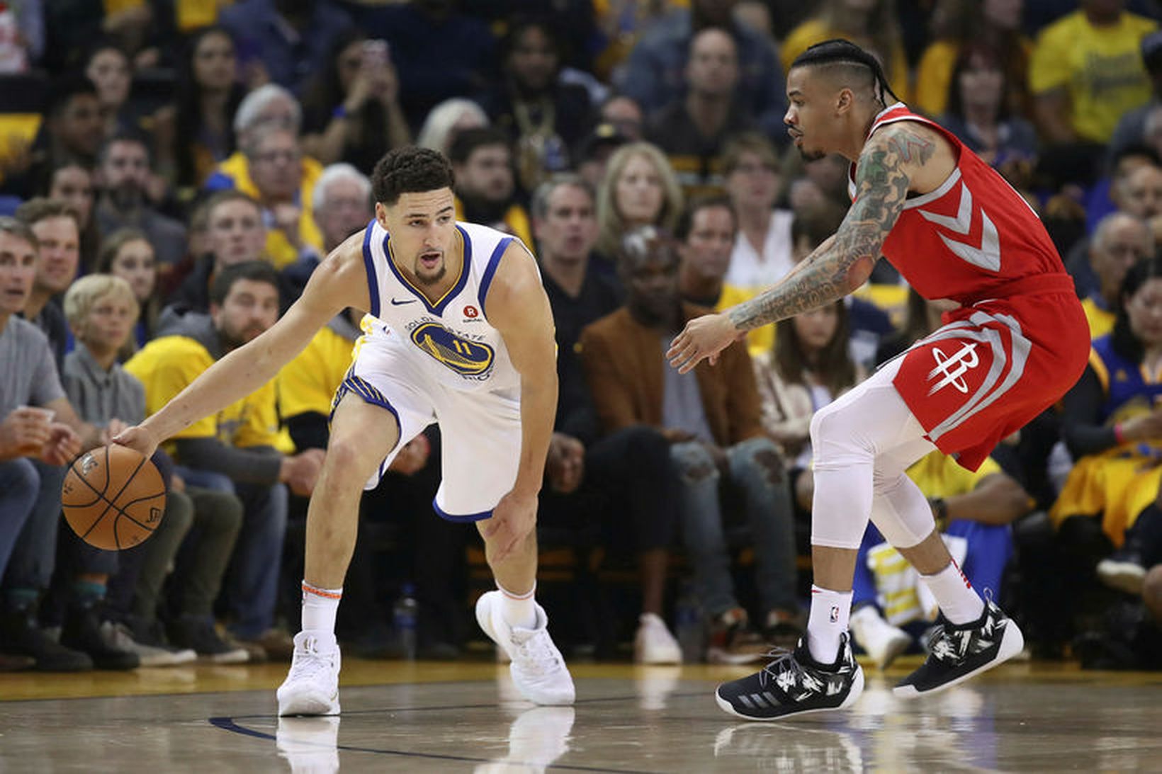 Klay Thompson sækir í leiknum í nótt en Gerald Green …