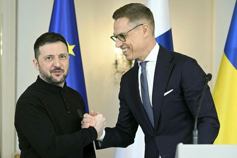 Volidmír Selenskí Úkraínuforseti og Alexander Stubb Finnlandsforseti á blaðamannafundi í morgun.