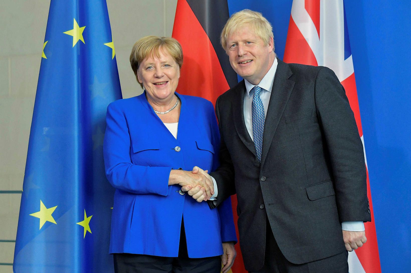 Angela Merkel, kanslari Þýskalands, og Boris Johnson, forsætisráðherra Bretlands, þegar …