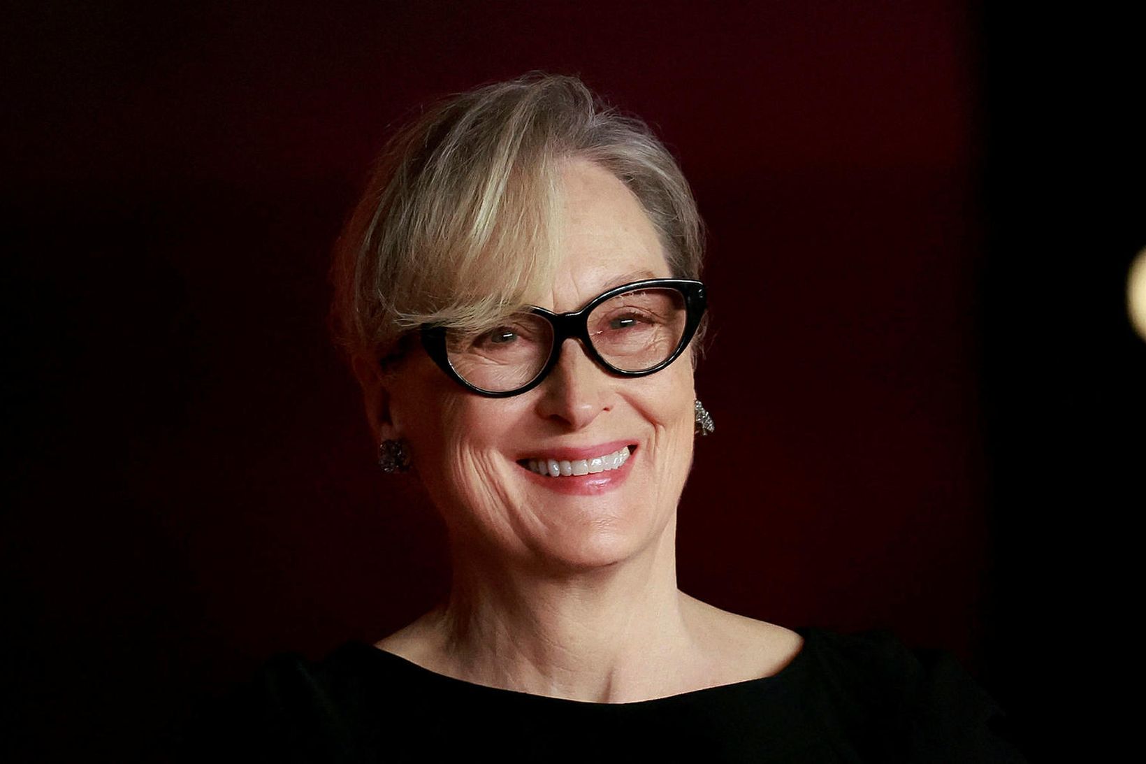 Bandaríska leikkonan Meryl Streep brosti blítt á rauða dreglinum.