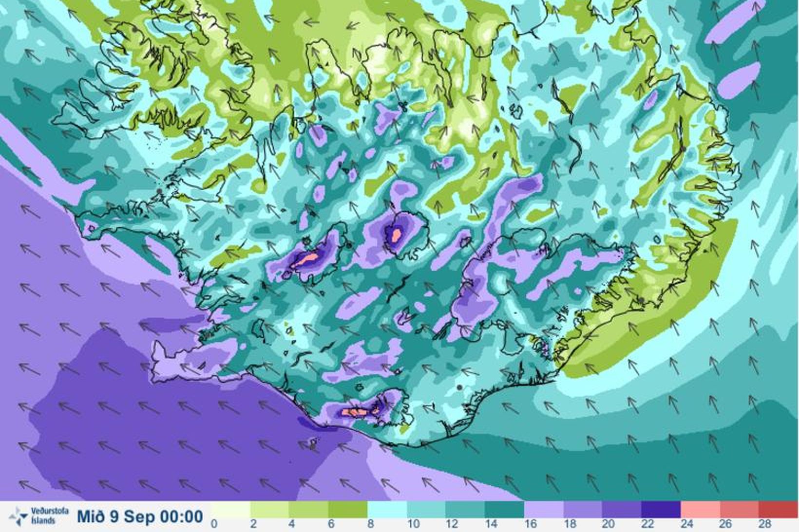 Vindaspáin á landinu á míðnætti.