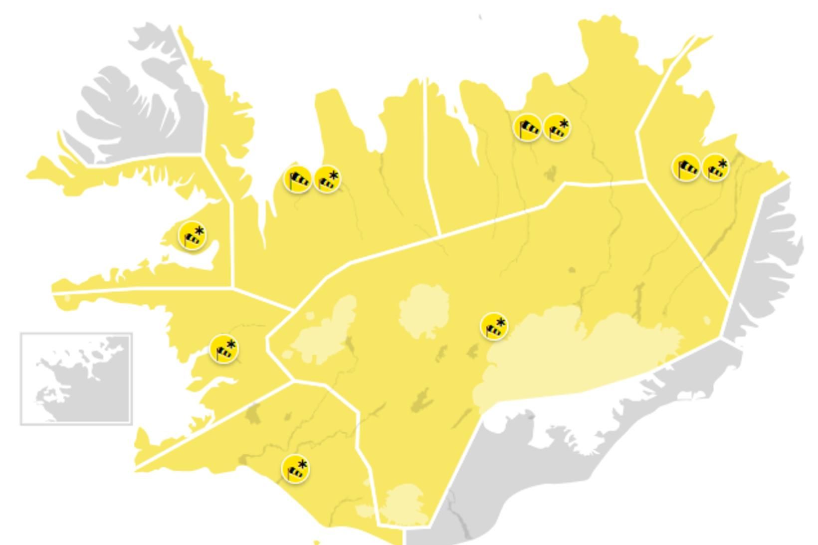 Gular viðvaranir taka gildi í kvöld