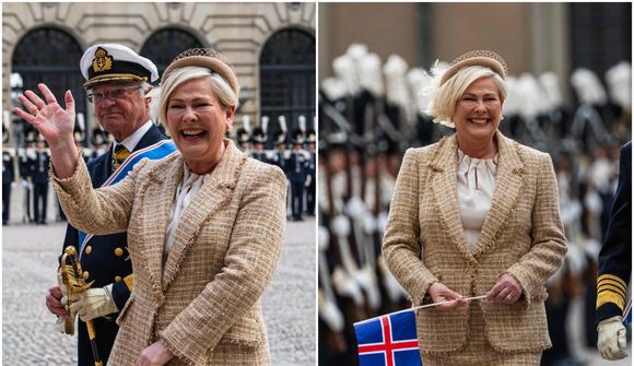 Halla klæddist ljósri pilsdragt í Svíþjóð