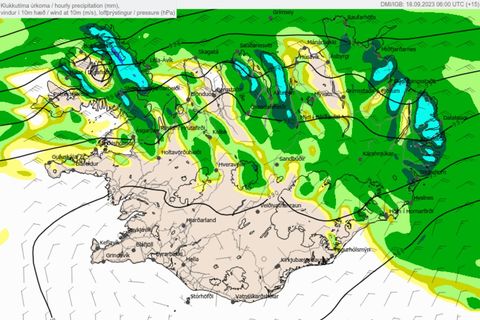 The rain forecast in Iceland at 9 PM tonight.
