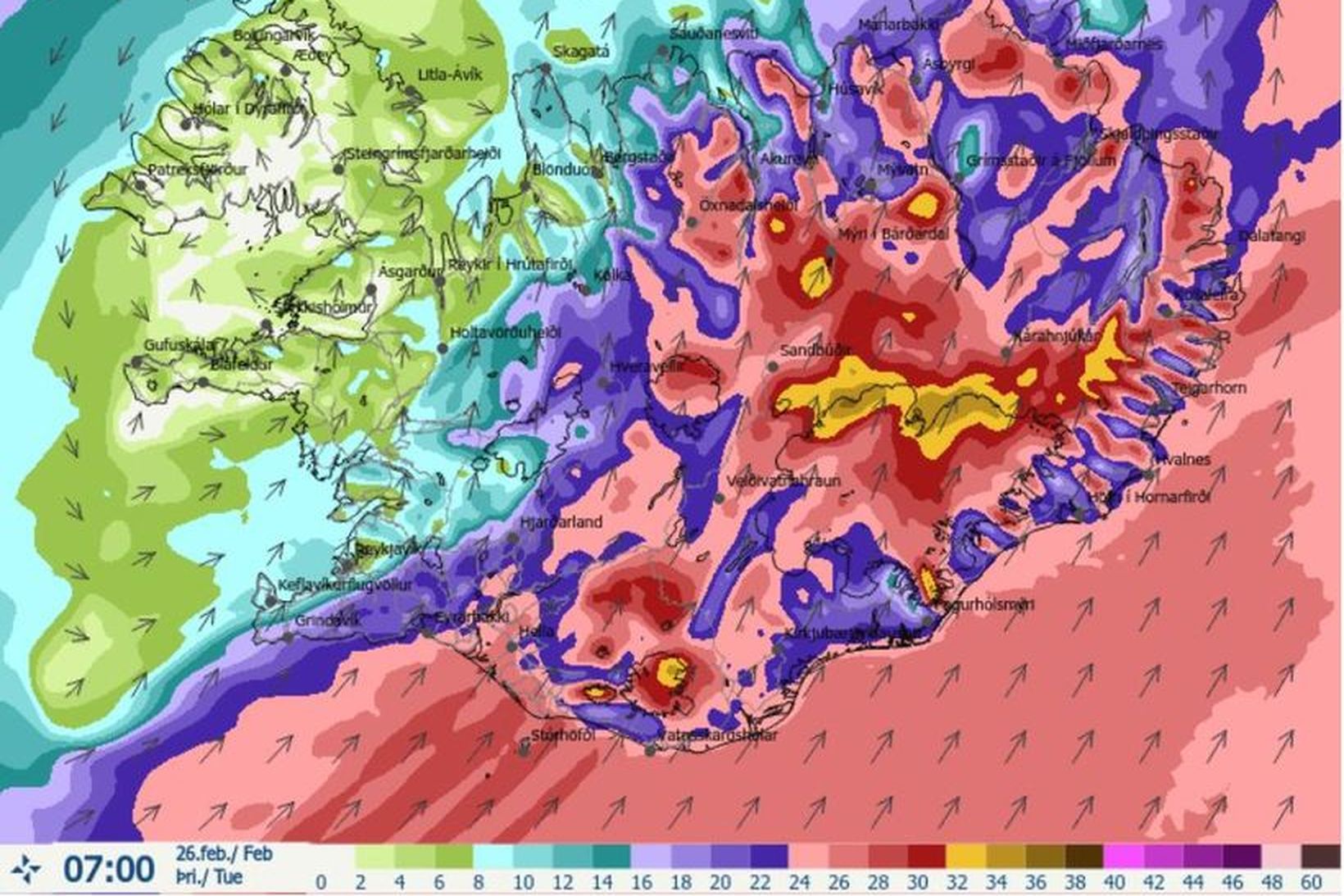 Vindakort Veðurstofunnar leit svona út klukkan sjö í morgun. Líkt …