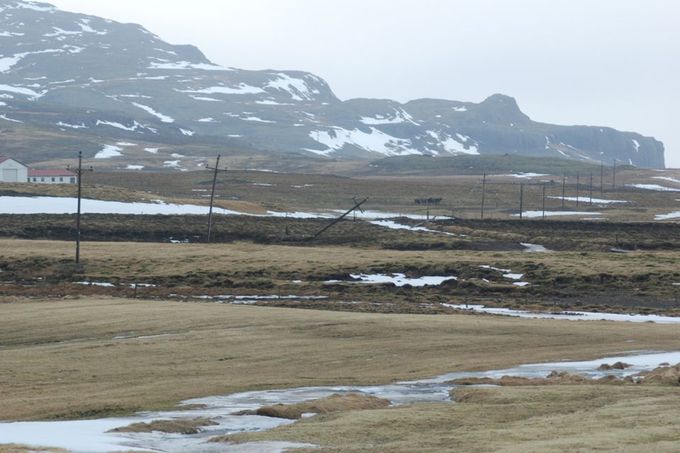 Tveir rafmagnsstaurar brotnuðu við Mófellsstaðakot í Skorradal.