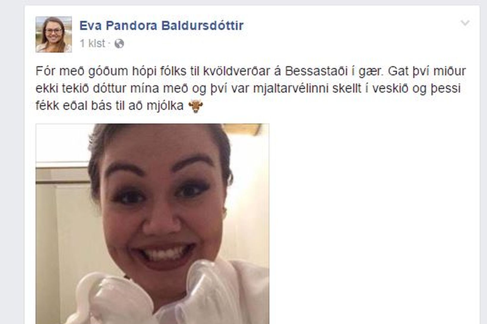 Eva Pandora Baldursdóttir þingmaður mjólkaði sig á Bessastöðum í gærkvöldi.