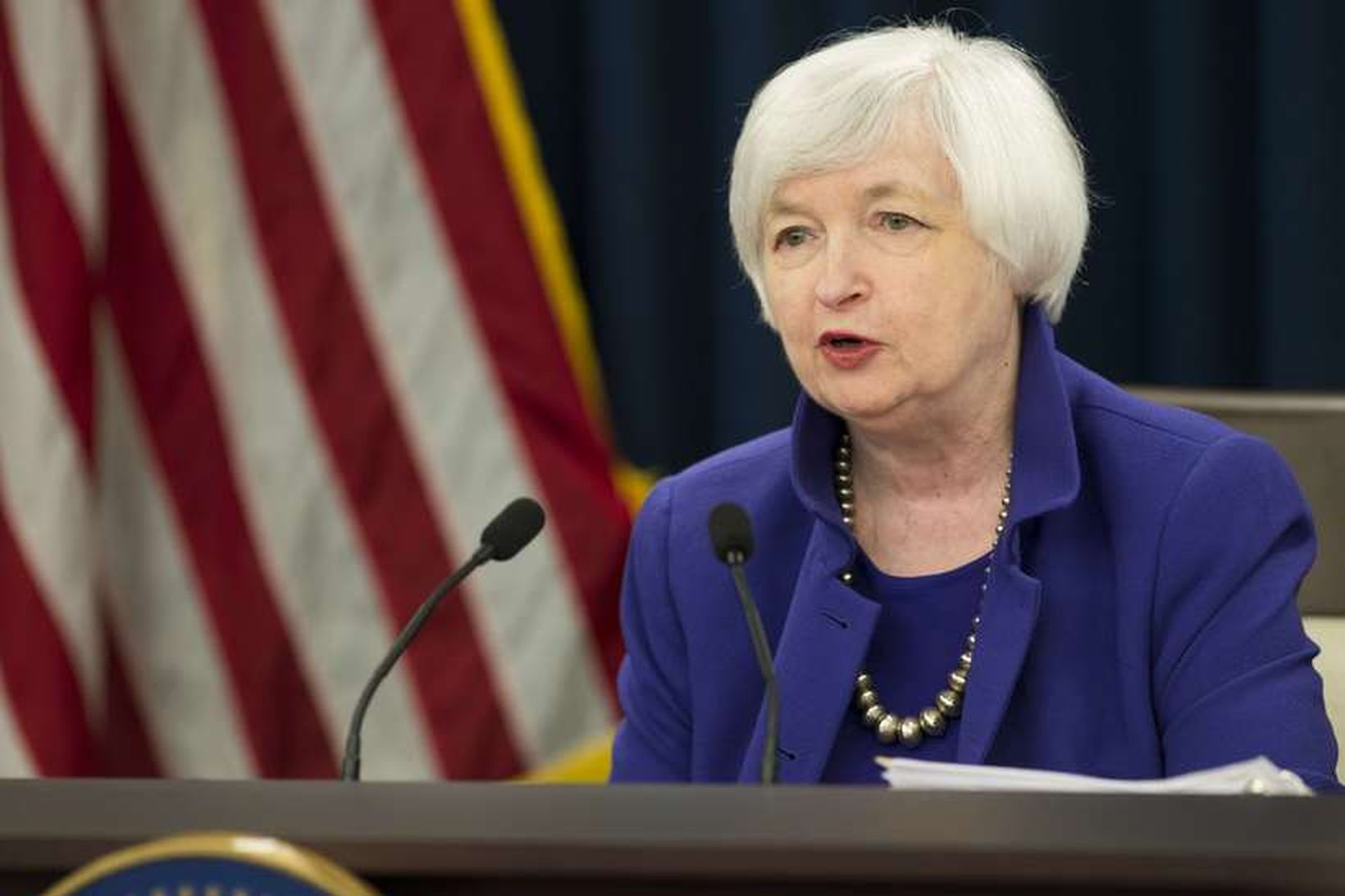 Janet Yellen ávarpaði blaðamenn eftir að tilkynnt var um hina …