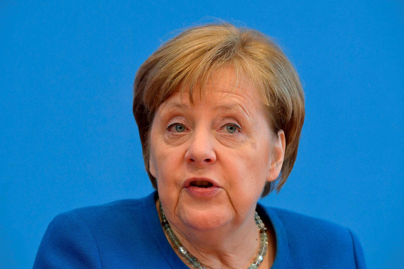 Angela Merkel, kanslari Þýskalands, á blaðamannafundi í dag.