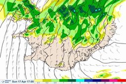 Litirnir á meðfylgjandi mynd sýna spá um úrkomu milli kl. 16 og 17 á morgun …