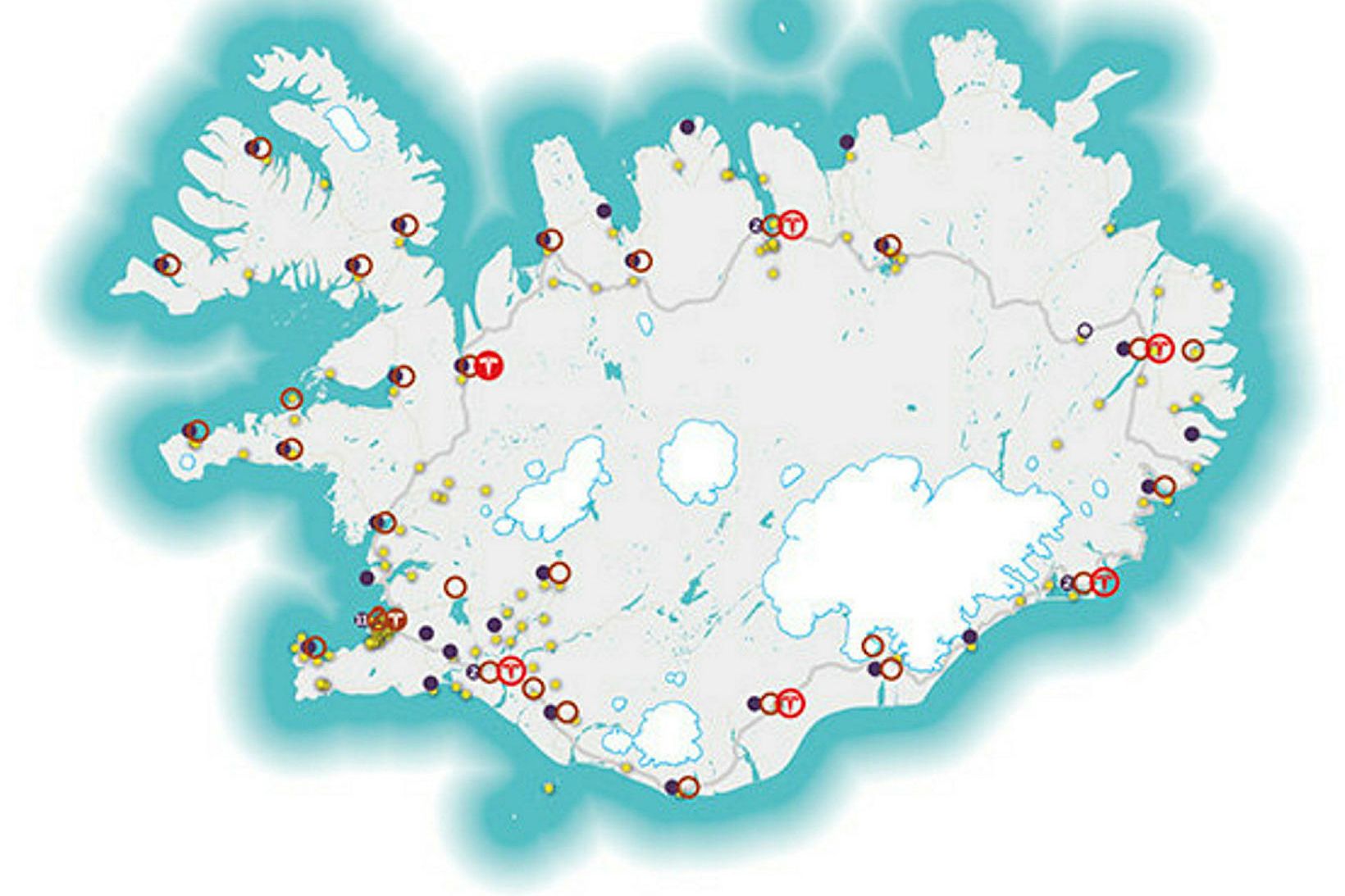 Kort af rafhleðslustöðvum landsins.