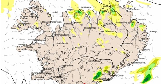 Úrkomuspá Veðurstofu Íslands klukkan 12 á hádegi.