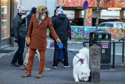 Baldur á rölti um miðbæinn með hundinn sinn.