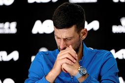 Novak Djokovic á fréttamannafundi.