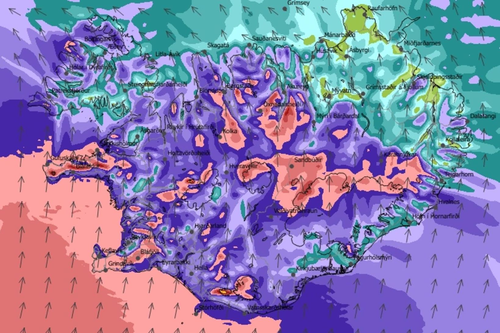 Vindaspá á landinu klukkan 16 í dag.