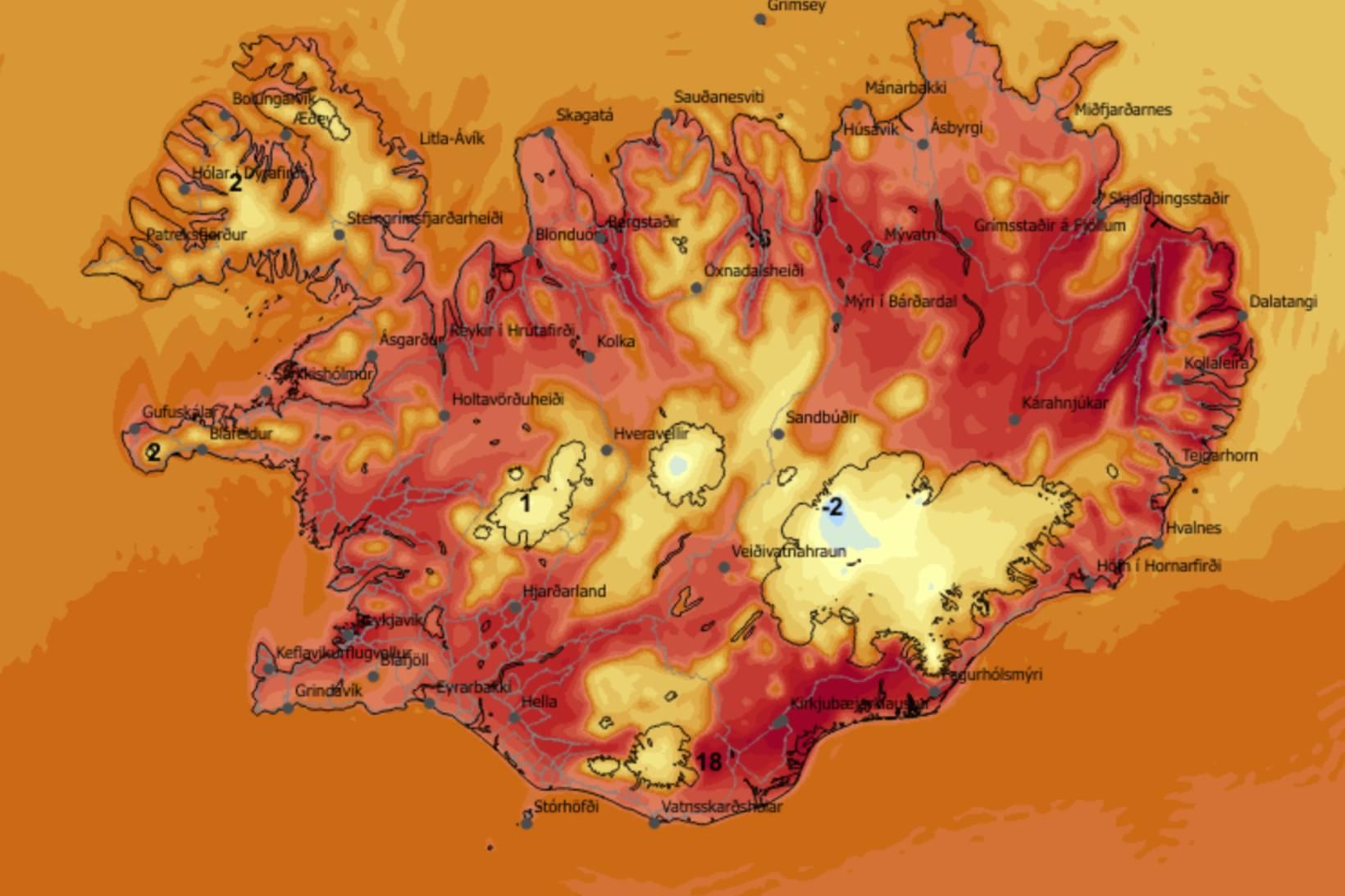 Hitaspá Veðurstofunnar klukkan 17 á þriðjudag.