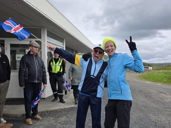 Kristján Atli received a warm welcome at his destination from Reynir Pétur Steinunnarson.