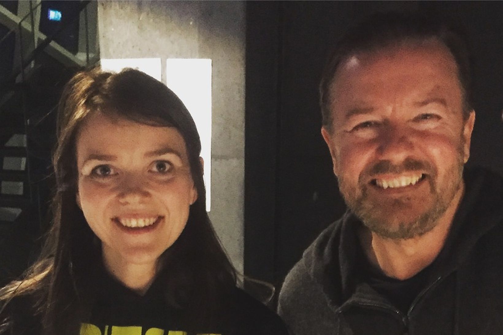 Lilja Katrín og Ricky Gervais í Hörpu í apríl síðastliðnum.