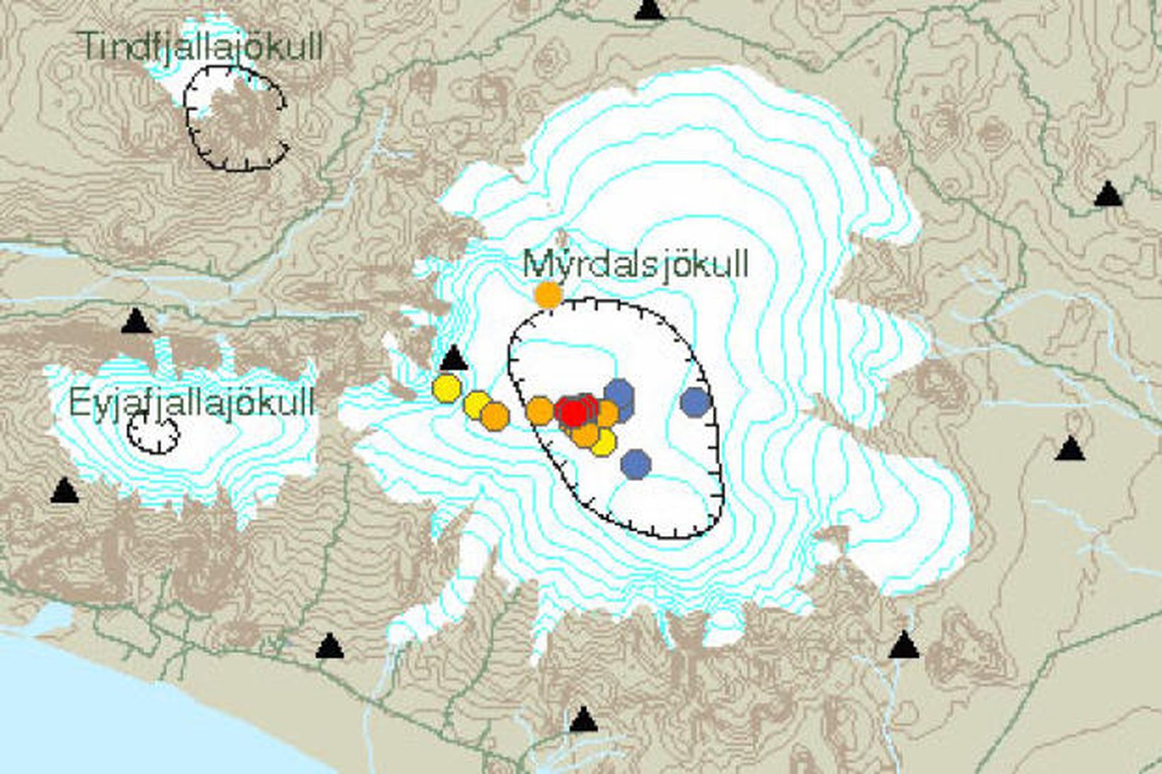 Kort á vef Veðurstofunnar, sem sýnir hvar jarðskjálftarnir urðu í …