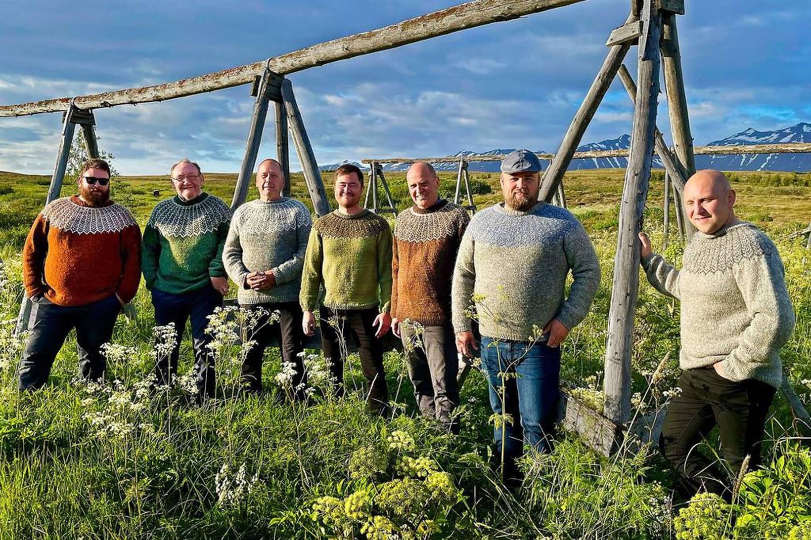 Prjónakarlarnir í nýju peysunum, frá vinstri: Narfi Freyr Narfason, Noël …