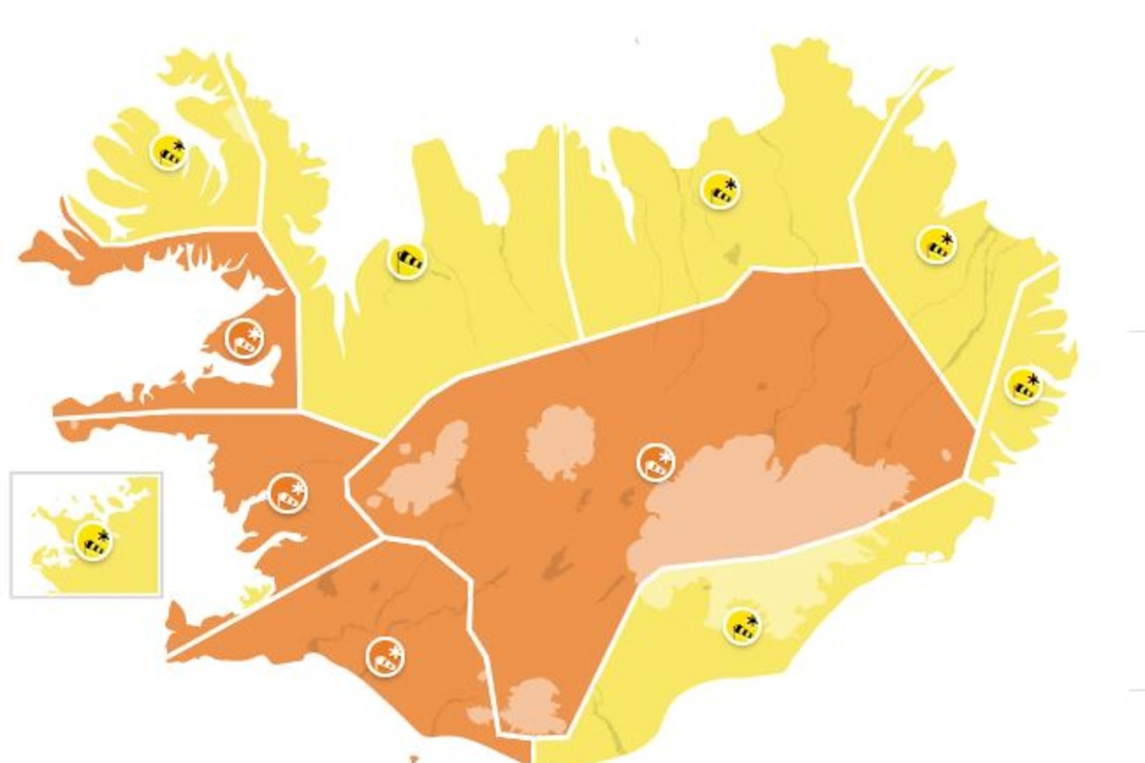 Viðvaranir taka gildi á öllum landssvæðum í dag.