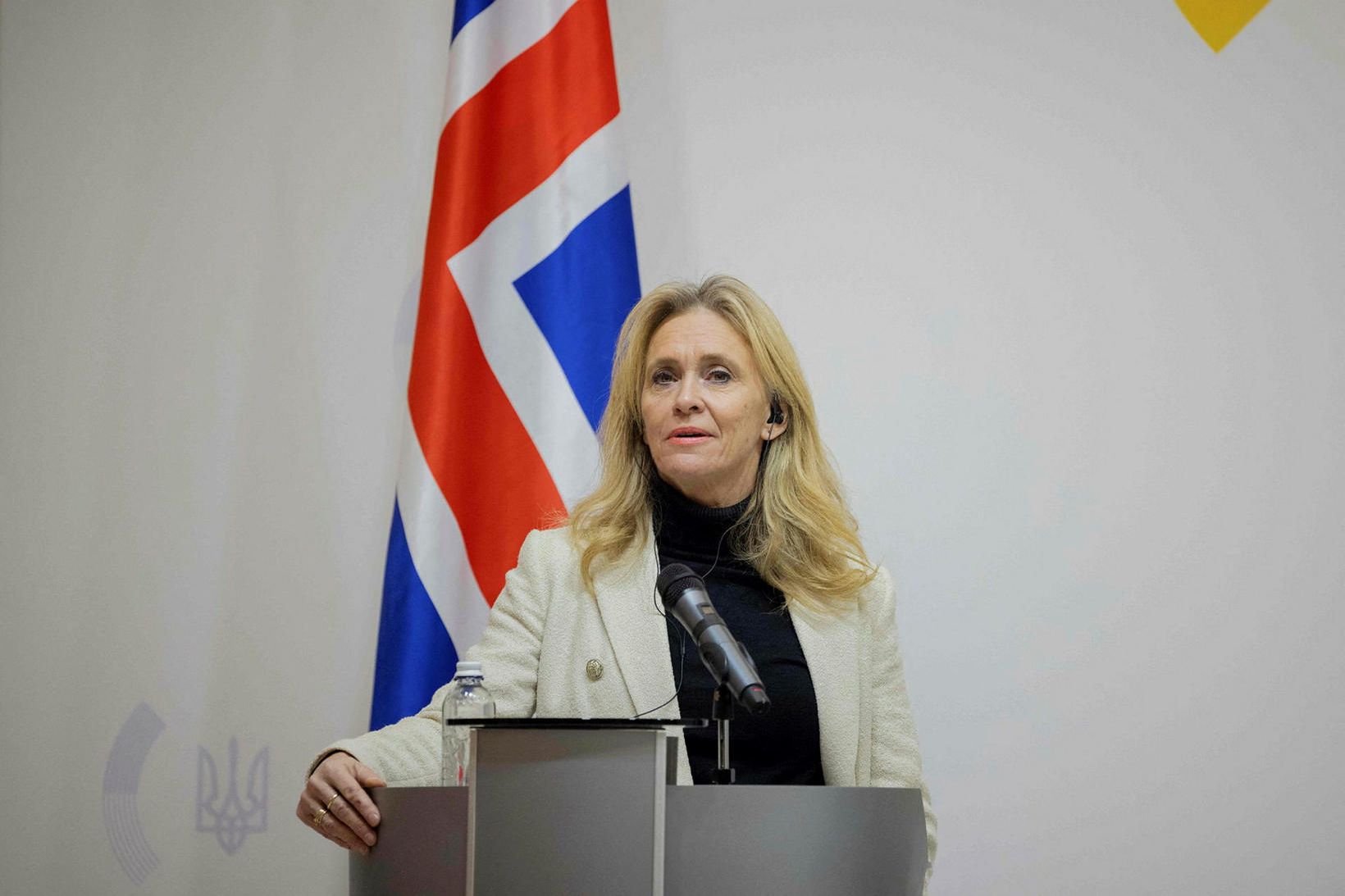 Þorgerður Katrín Gunnarsdóttir utanríkisráðherra á blaðamannafundi í Úkraínu í dag.