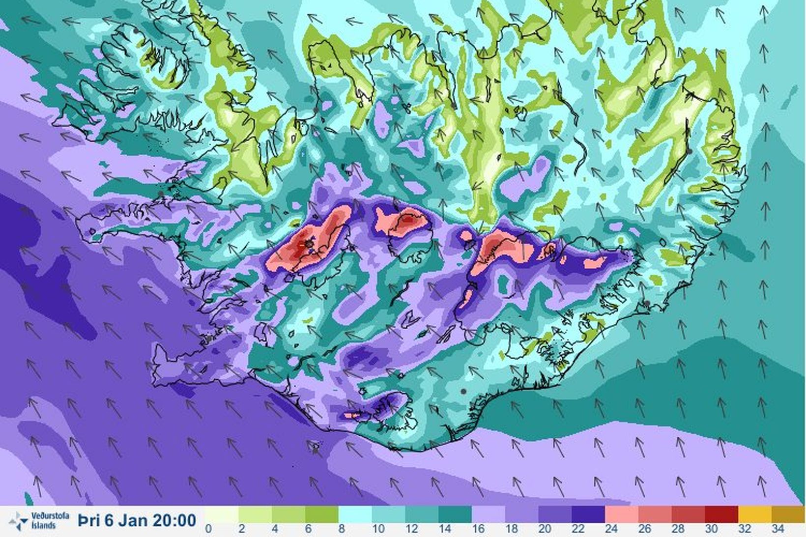 Kortið sýnir vindaspána fyrir landið kl. 20 í kvöld, 6. …