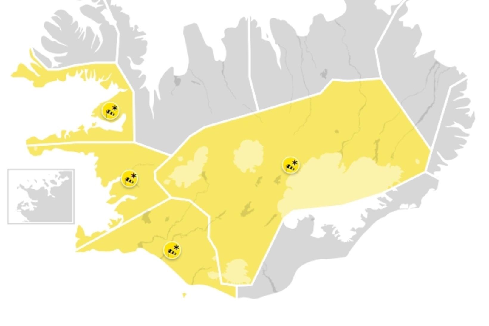 Spáð er suðaustan hvassviðri með snjókomu.