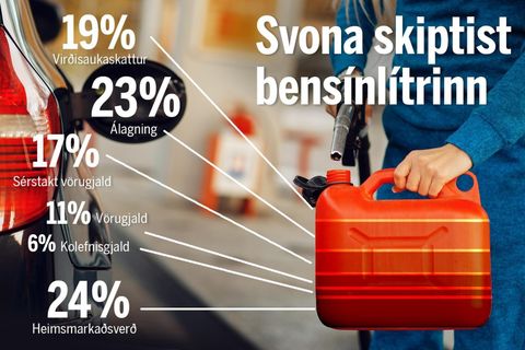 Here is the breakdown of the cost of a liter of gasoline priced at ISK 320: VAT 19%; Retailer's surcharge 23%; Special excise duty 17%; Excise duty on gasoline 11%; Carbon tax 6%; World Market Price 24%.