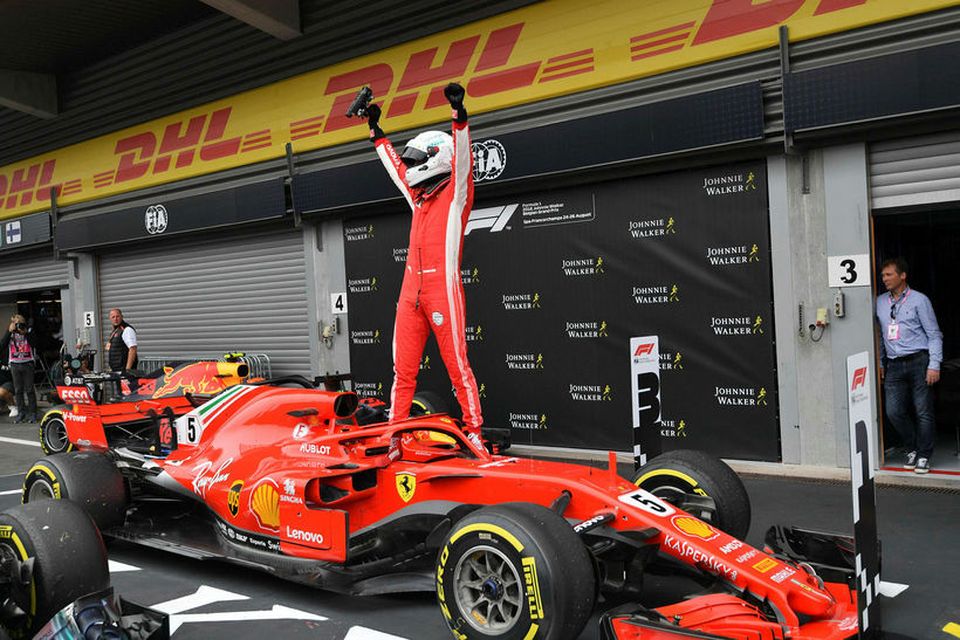 Sebastian Vettel hrósar sigri í Spa-Francorchamps síðastliðinn sunnudag.