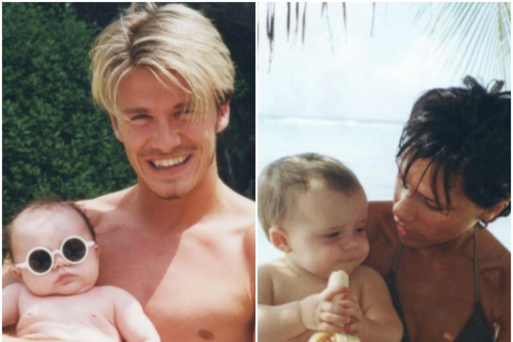 Beckham-hjónin með son sinn Brooklyn Beckham þegar hann var lítill …