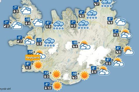 Veðurútlit á hádegi í dag, föstudag.