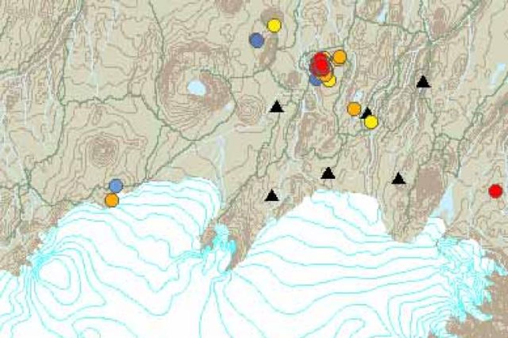 Kort af vef Veðurstofunnar sem sýnir staðsetningu skjálftanna.