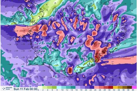 Pink and dark red means winds of up to  24-30 m/s and purple stands for 16-22 m/s.