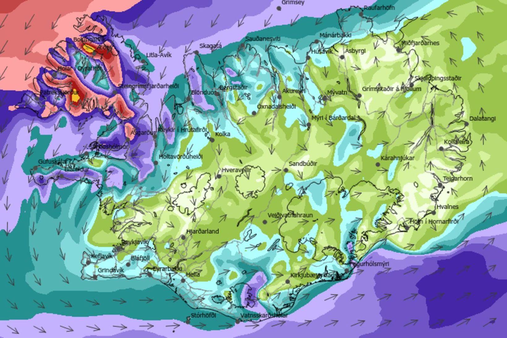 Vindaspá Veðurstofunnar fyrir klukkan 14 á morgun.