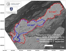 A map showing changes in the lava-field. The blue line indicates the size of the …