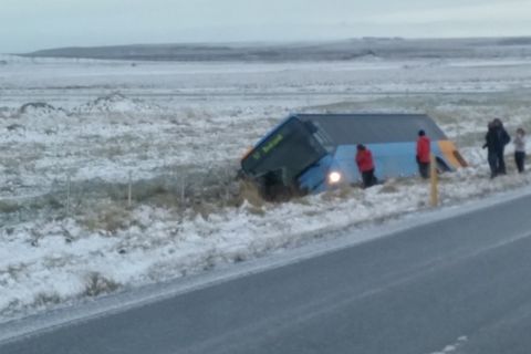 One of the buses of Strætó, the public bus system, drove off the road just north of Reykjavik
