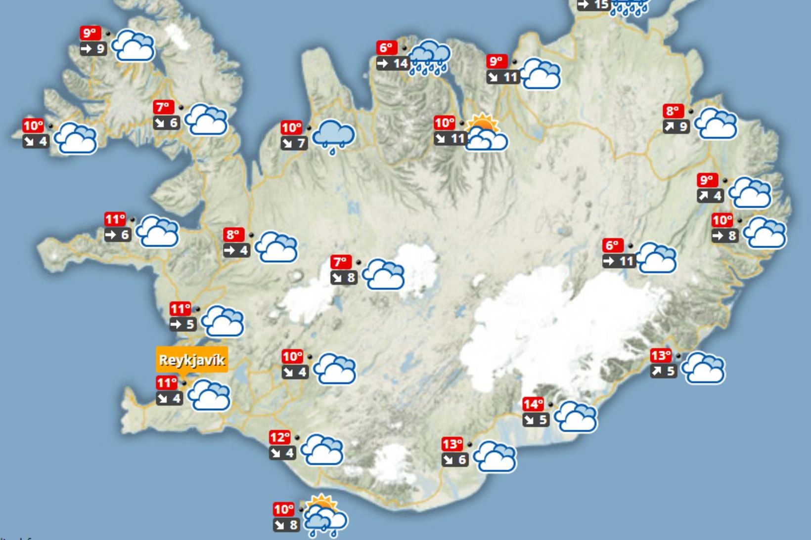 Spáð er 5 til 9 stiga hiti norðantil en 8 …