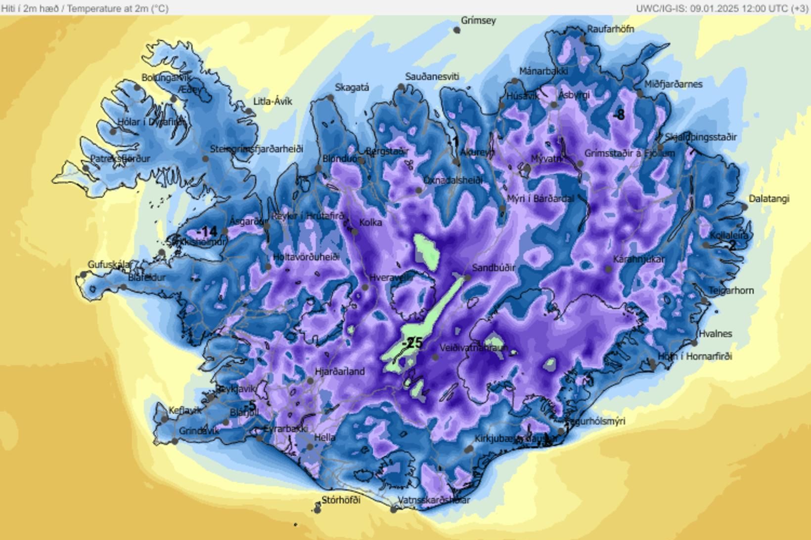 Hitaspáin, eða öllu heldur kuldaspáin, á landinu kl. 15 í …