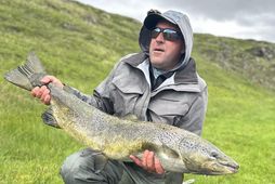 Tim Racie með hrygnuna. Hún er býsna frábrugðin þeim silfurgljáandi löxum sem við höfum verið …