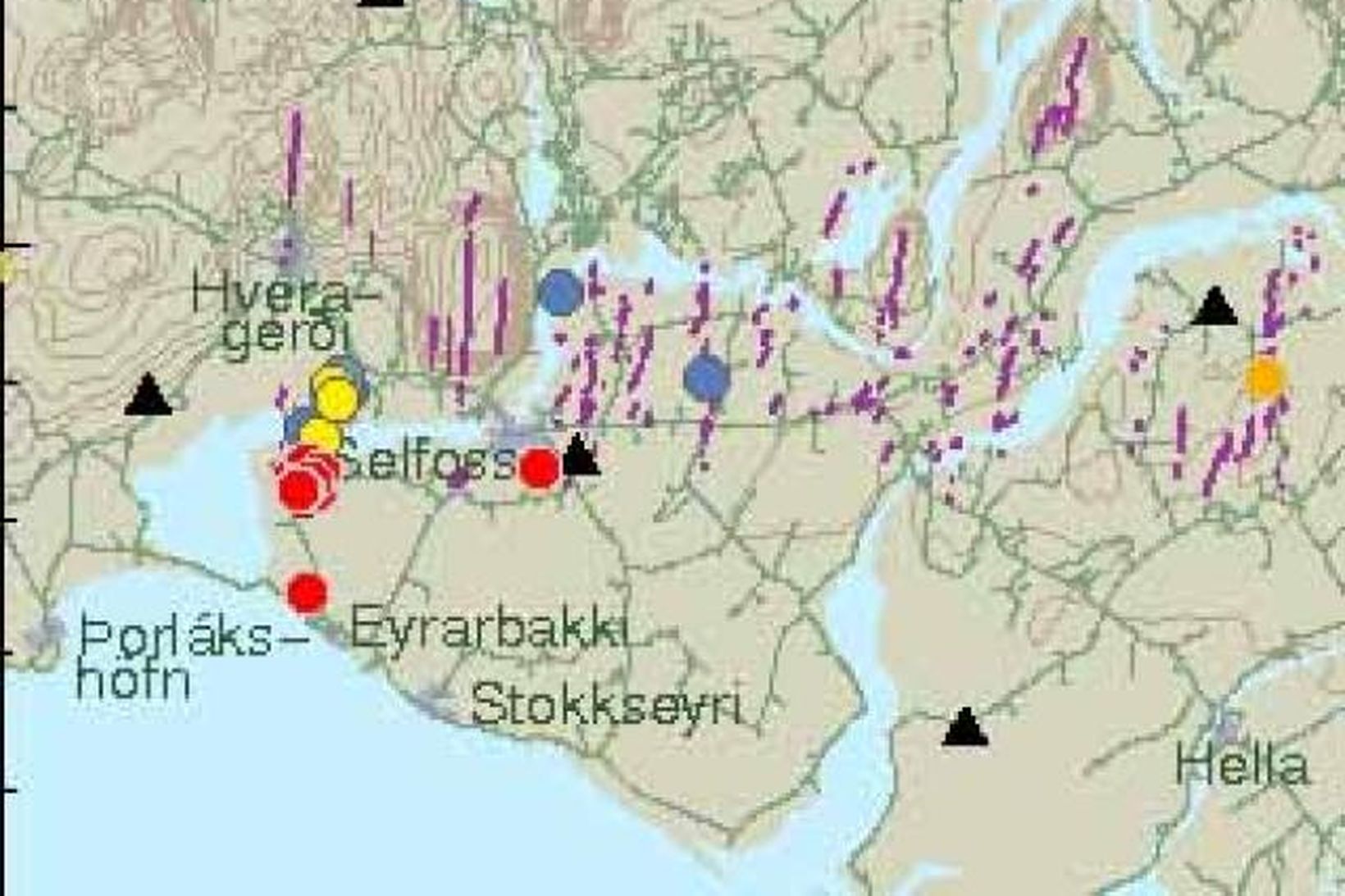 Upptök skjálftanna í Ölfusi. Kortið er af vef Veðurstofunnar.