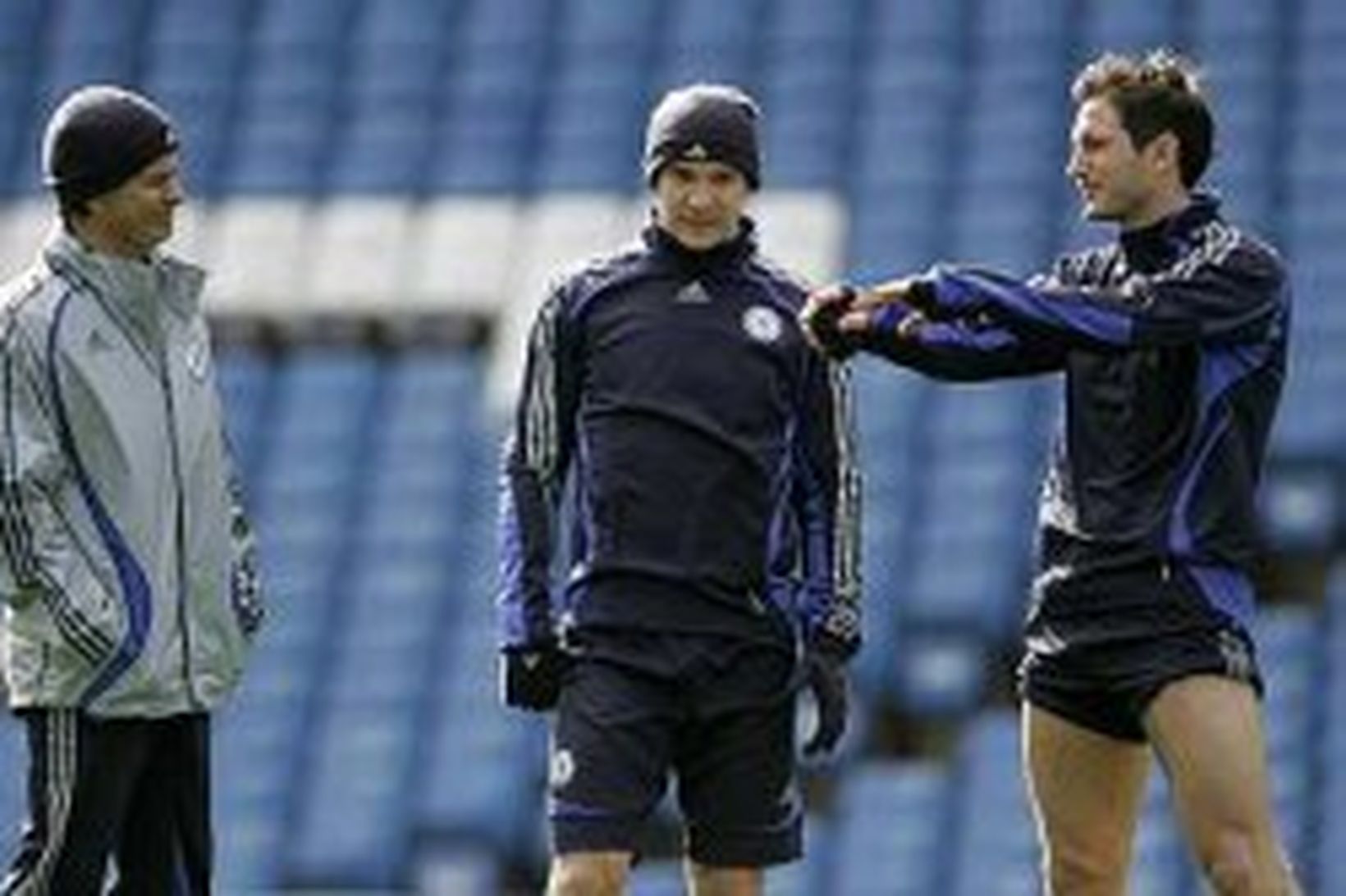 José Mourinho, Andriy Shevchenko og Frank Lampard á æfingu á …