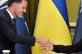 Bandamenn Framkvæmdastjóri NATO tekur þétt í höndina á Úkraínuforseta á nýlegum fundi þeirra.