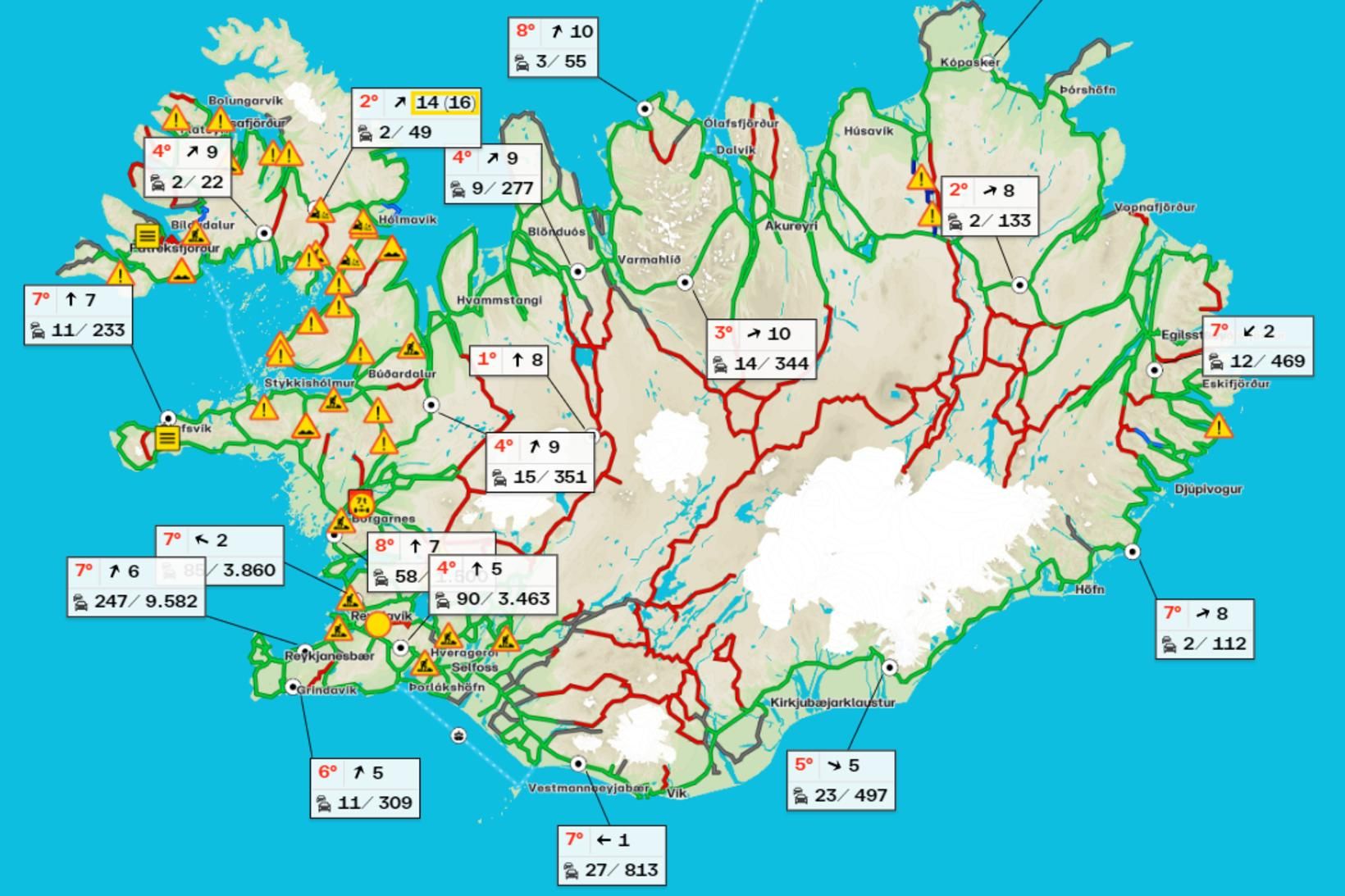 Ástand vega á landinu nú eftir hádegi 2. mars.