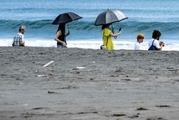 Fólk á Heisaura-ströndinni í borginni Tateyama í Chiba-héraði í Japan í dag eftir að flóðbylgjuviðvöruninni …