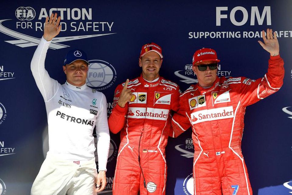 Fyrstu þrír í tímatökunni í Búdapest, frá avinstri: Valtteri Bottas, Sebastian Vettel og Kimi Räikkönen.