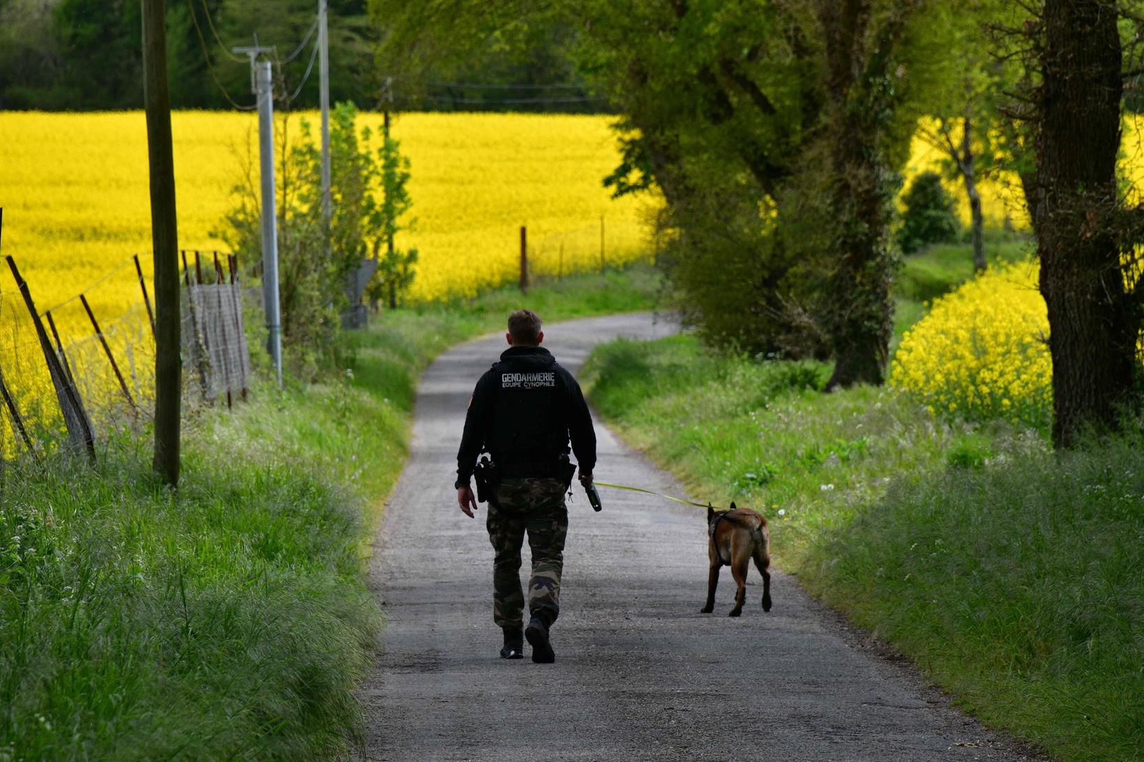 Franskur lögreglumaður gengur með leitarhund. Mynd tengist frétt ekki beint.